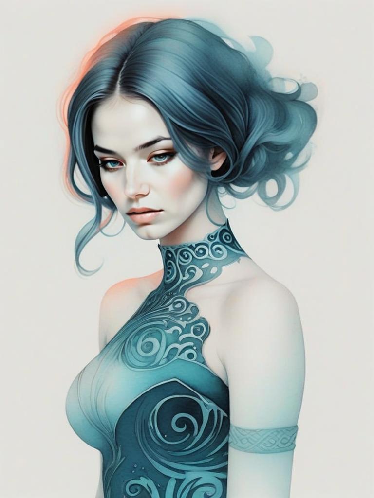 Digital Portrait of Woman with Blue Hair and Elegant Garment