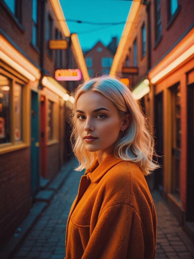 Petite Blonde Woman in Neon Alleyway