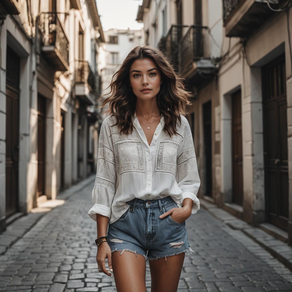 Stylish Woman in White Blouse and Denim Shorts on European Cobblestone Street
