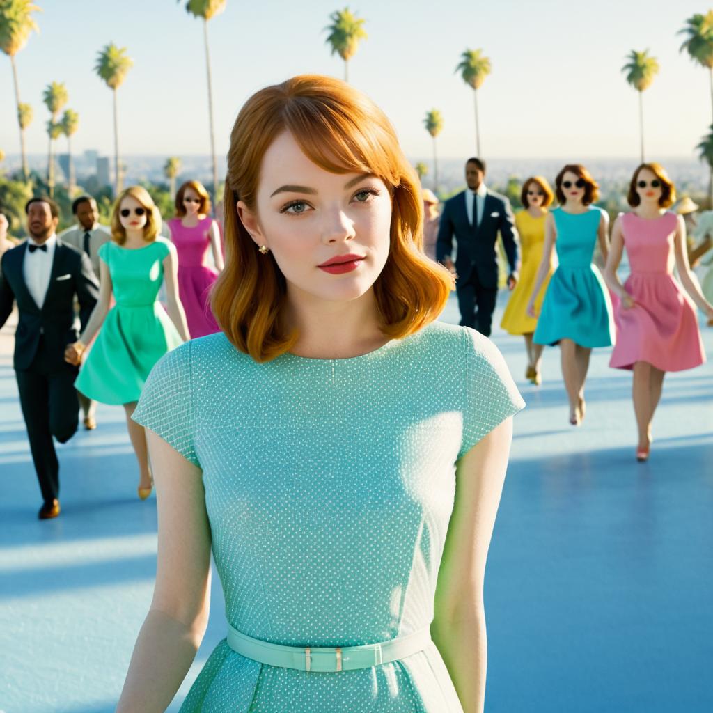 Woman in Mint Green Polka Dot Dress with Elegant Group