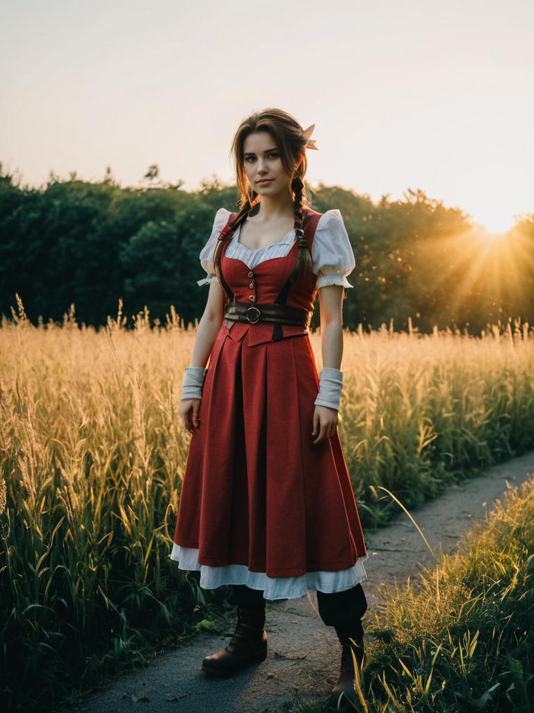 Woman in Aerith Cosplay Costume Outdoor Photo at Golden Hour