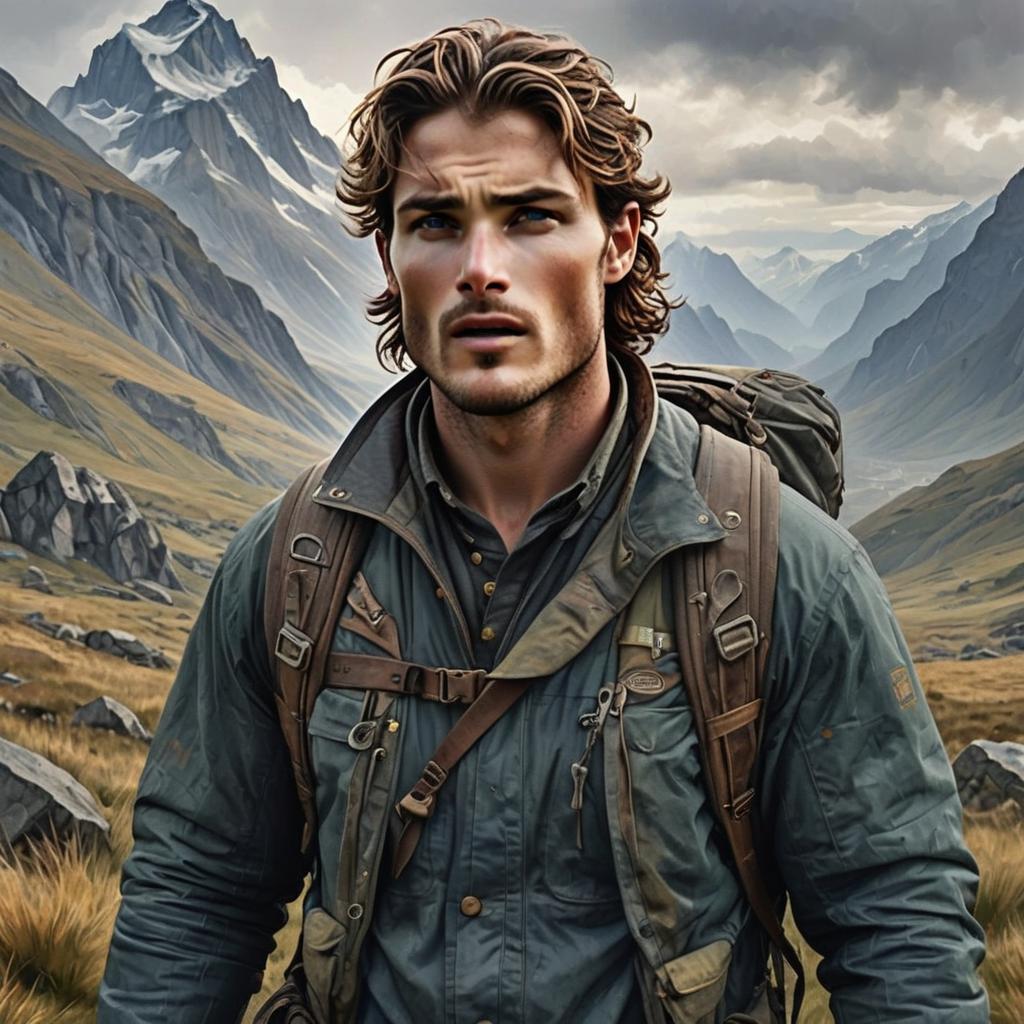Rugged Man in Outdoor Gear in Dramatic Mountain Landscape