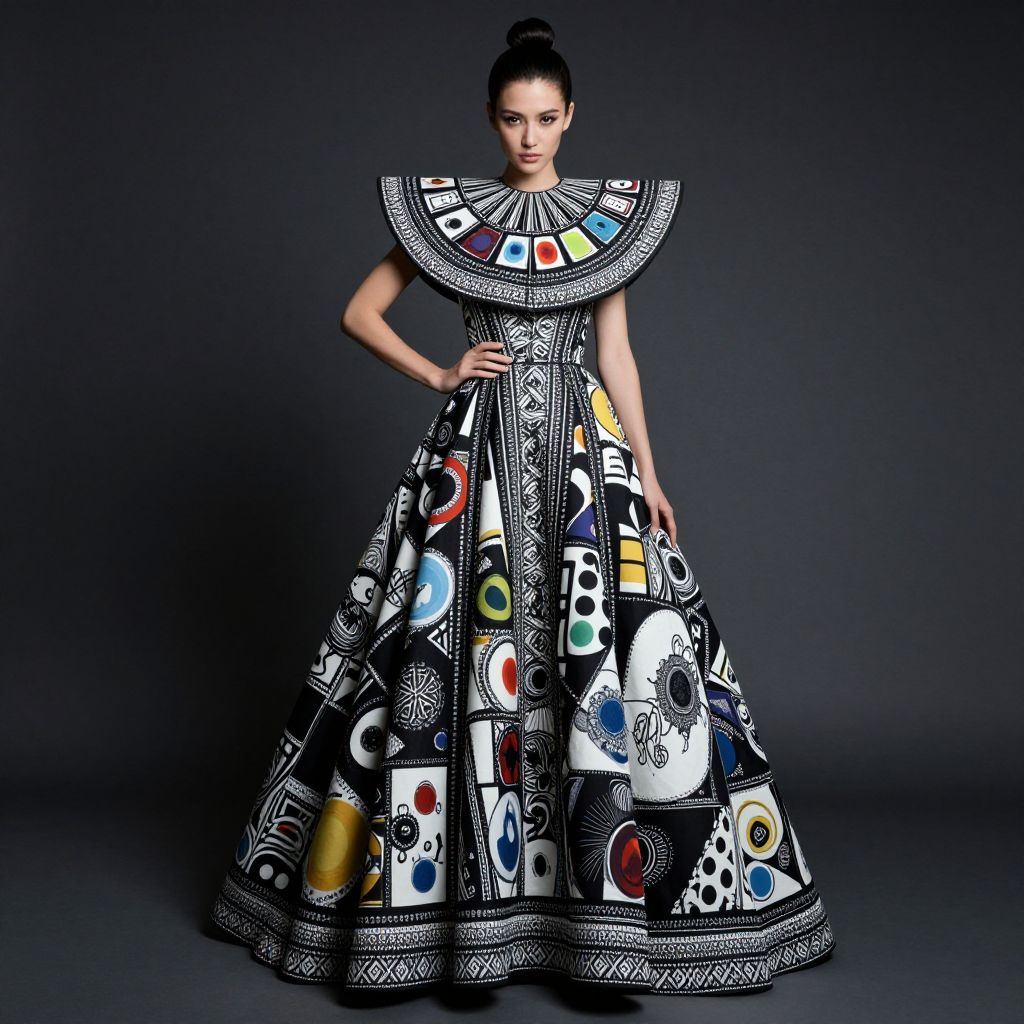 Avant-Garde Black and White Gown with Colorful Abstract Patterns