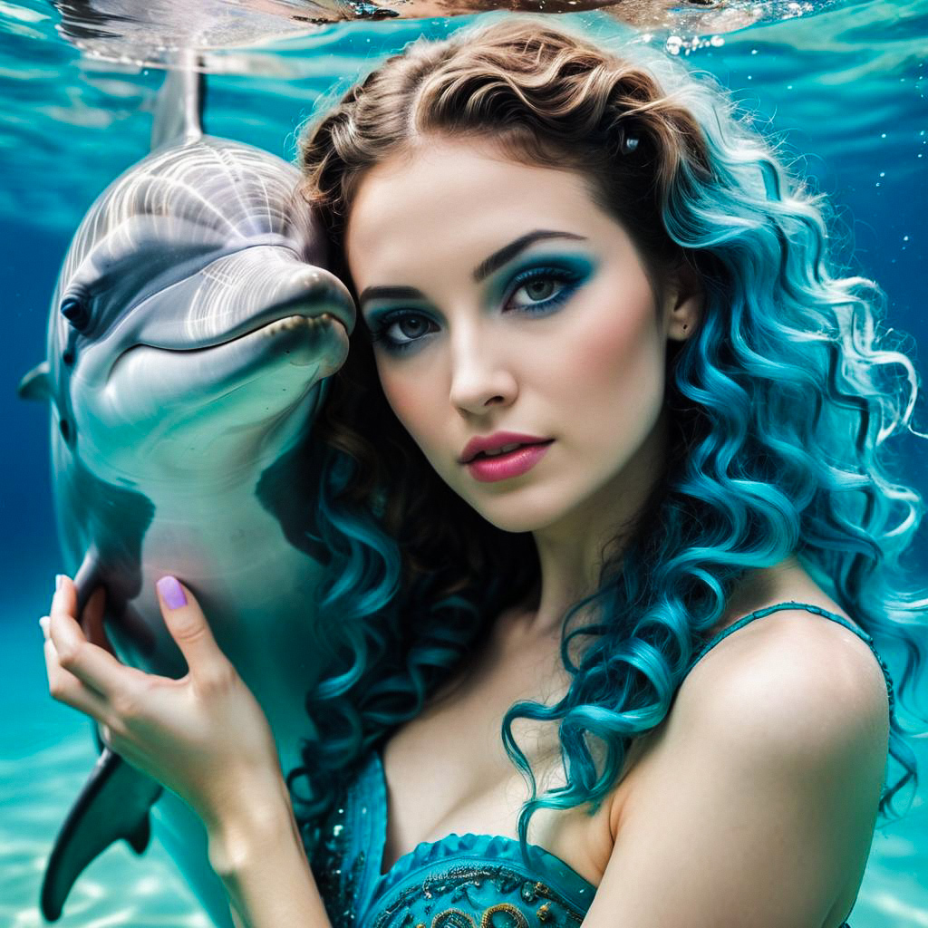 Woman with Turquoise Hair and Dolphin Underwater