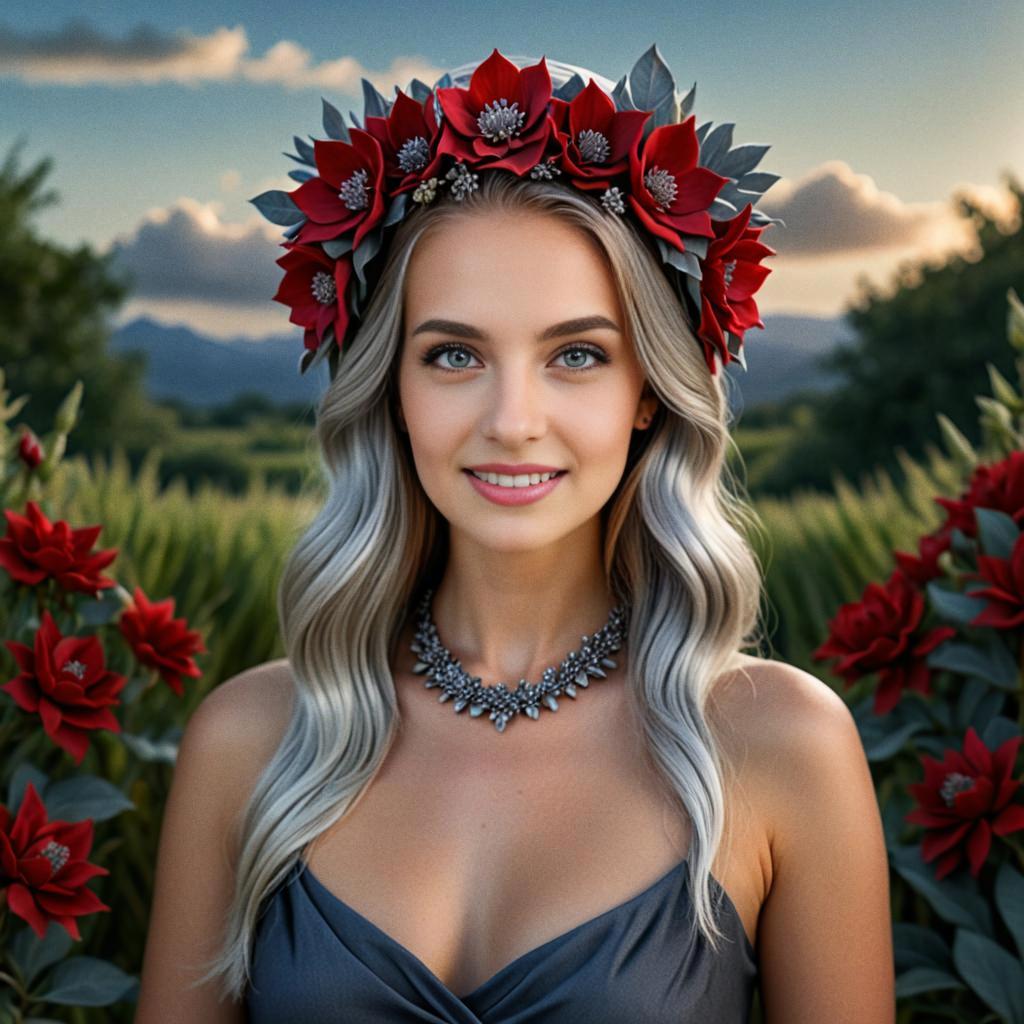 Young Woman with Red Flower Crown in Nature