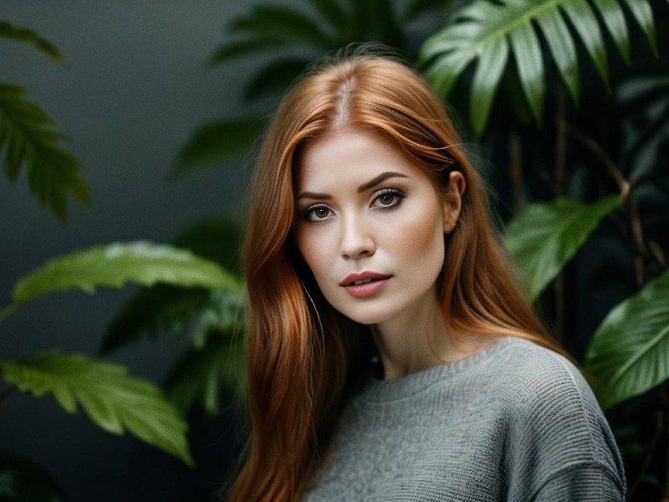 Woman with Long Red Hair Among Green Leaves