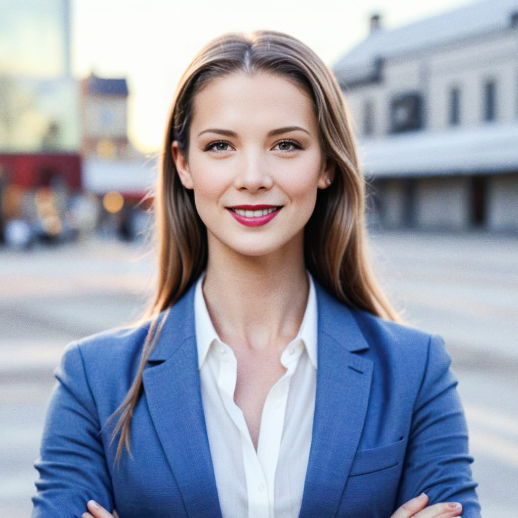 Confident Woman in Blue Blazer at Golden Hour