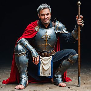 Confident Man in Medieval Armor with Spear