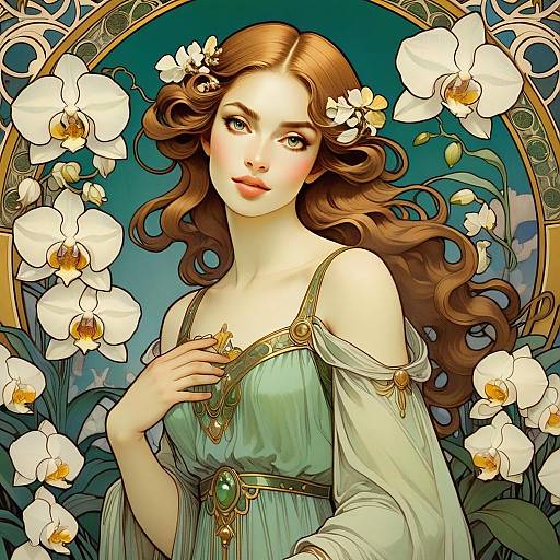 Art Nouveau Woman with Flowing Hair and Orchids Illustration