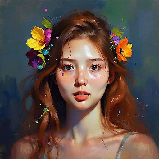 Digital Portrait of Woman with Flowers in Hair in Realistic Style