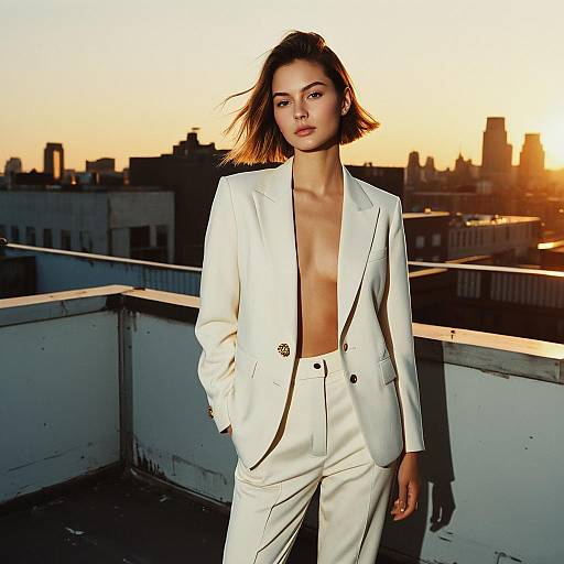 Confident Woman in Cream Suit on Rooftop at Sunset