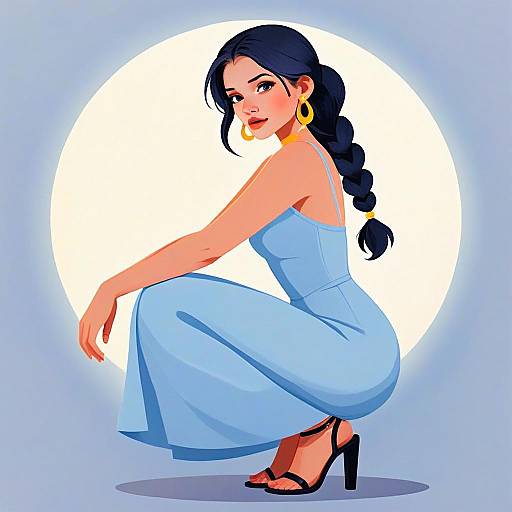 Stylish Young Woman in Blue Dress Digital Illustration
