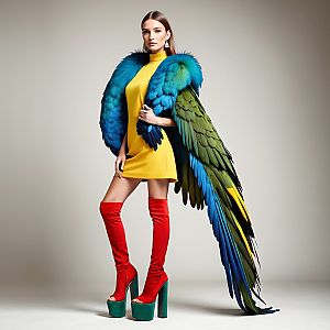 Fashionable Woman in Yellow Dress with Feathered Wings