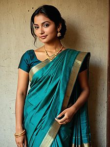 Elegant Woman Wearing Simple Teal Silk Saree with Gold Border