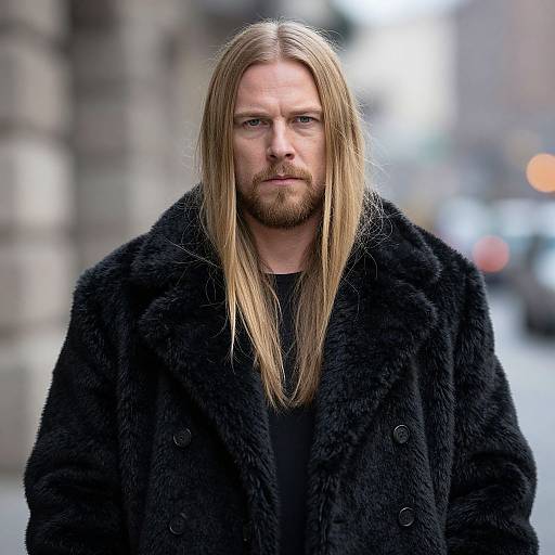 Portrait of Man with Long Blond Hair and Black Fur Coat in Urban Setting