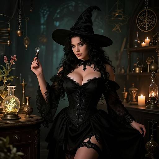 Gothic Witch in Black Corset Dress in Mystical Alchemy Lab