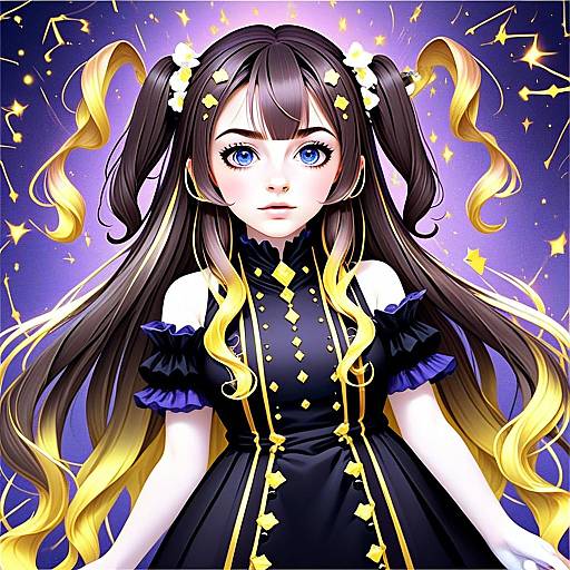 Anime Girl Anya Melfissa with Blue Eyes and Golden Hair Highlights in Elegant Black Dress