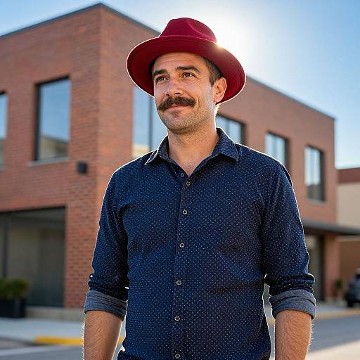 Confident Man Wearing Red Fedora Hat and Blue Shirt Outdoors
