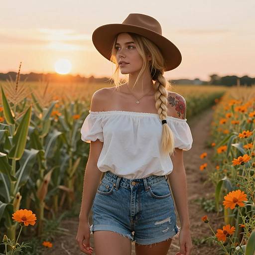 Gen Z Woman in Bohemian Style Outfit at Sunset Flower Field
