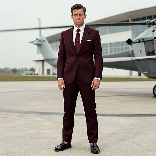 Man in Burgundy Suit Standing by Helicopter at Airport