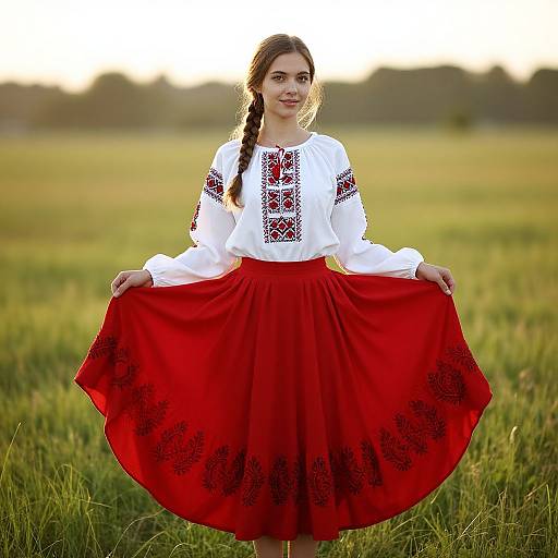 Young Woman in Traditional Eastern European Folk Dress in Sunlit Field