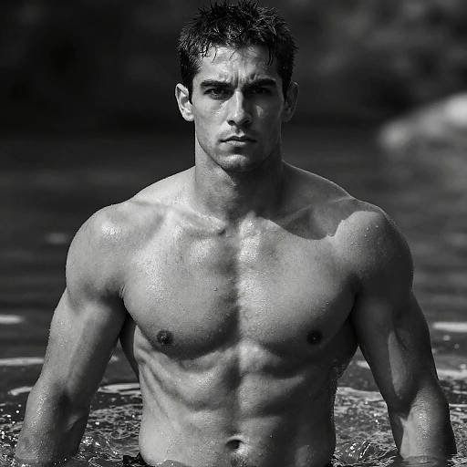 Muscular Man in Water Black and White Fitness Portrait