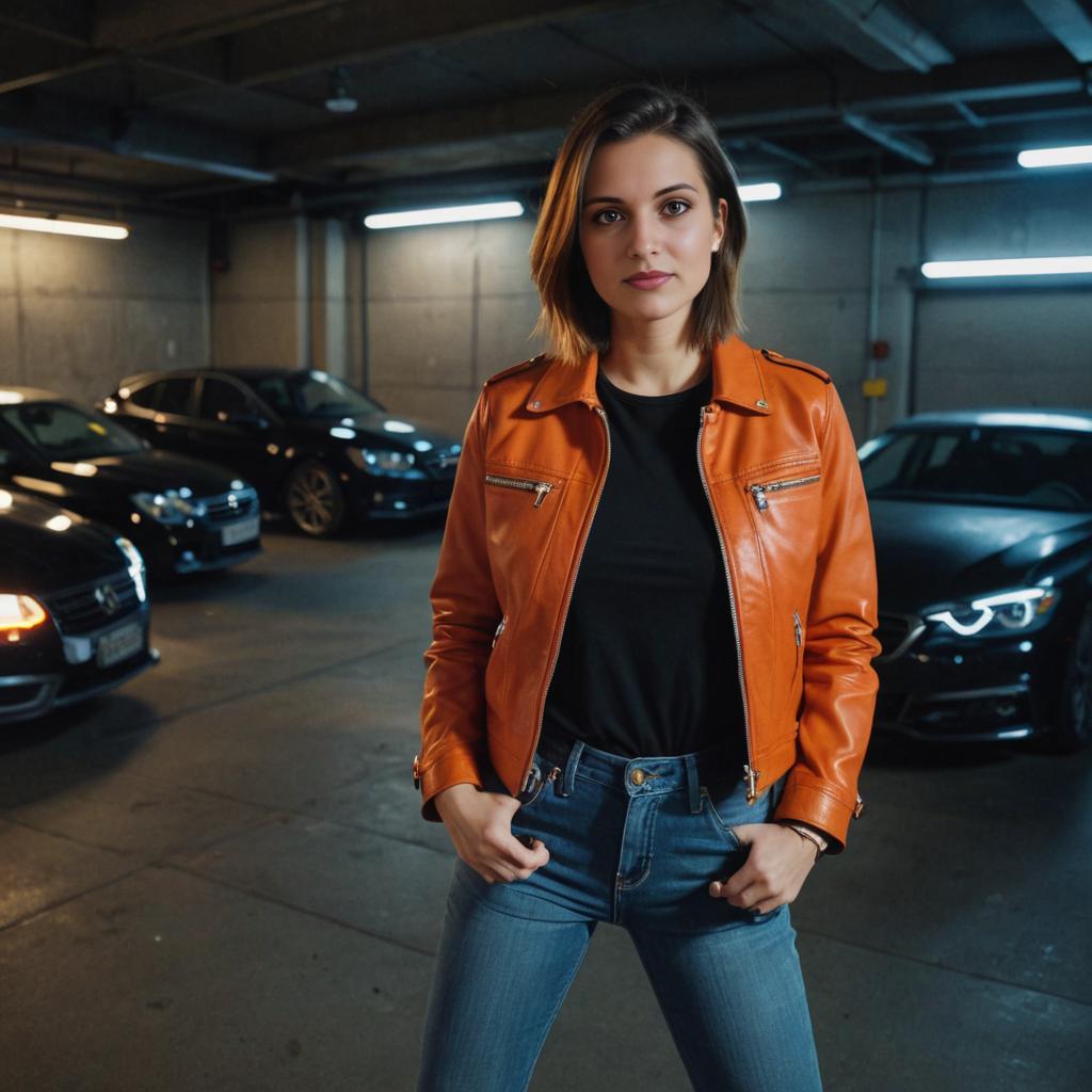 Confident Woman in Orange Leather Jacket