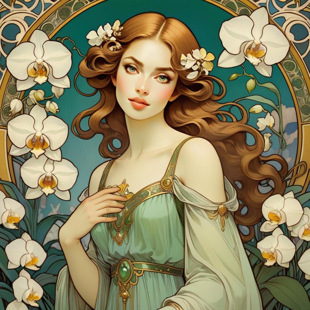 Art Nouveau Woman with Flowing Hair and Orchids Illustration