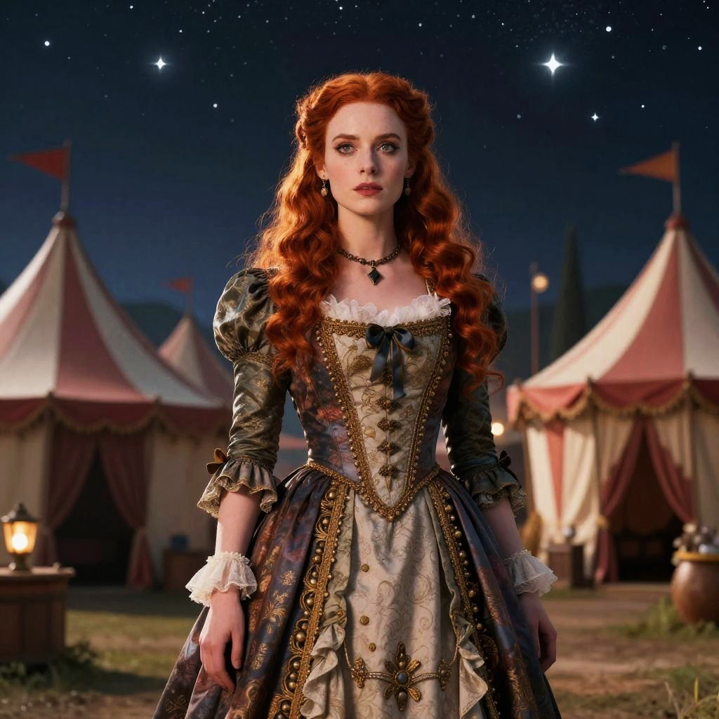 Woman in Vintage Costume Standing by Circus Tents at Night