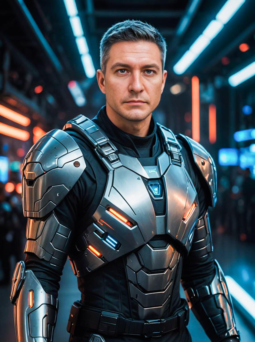 Confident Man in Futuristic Armor