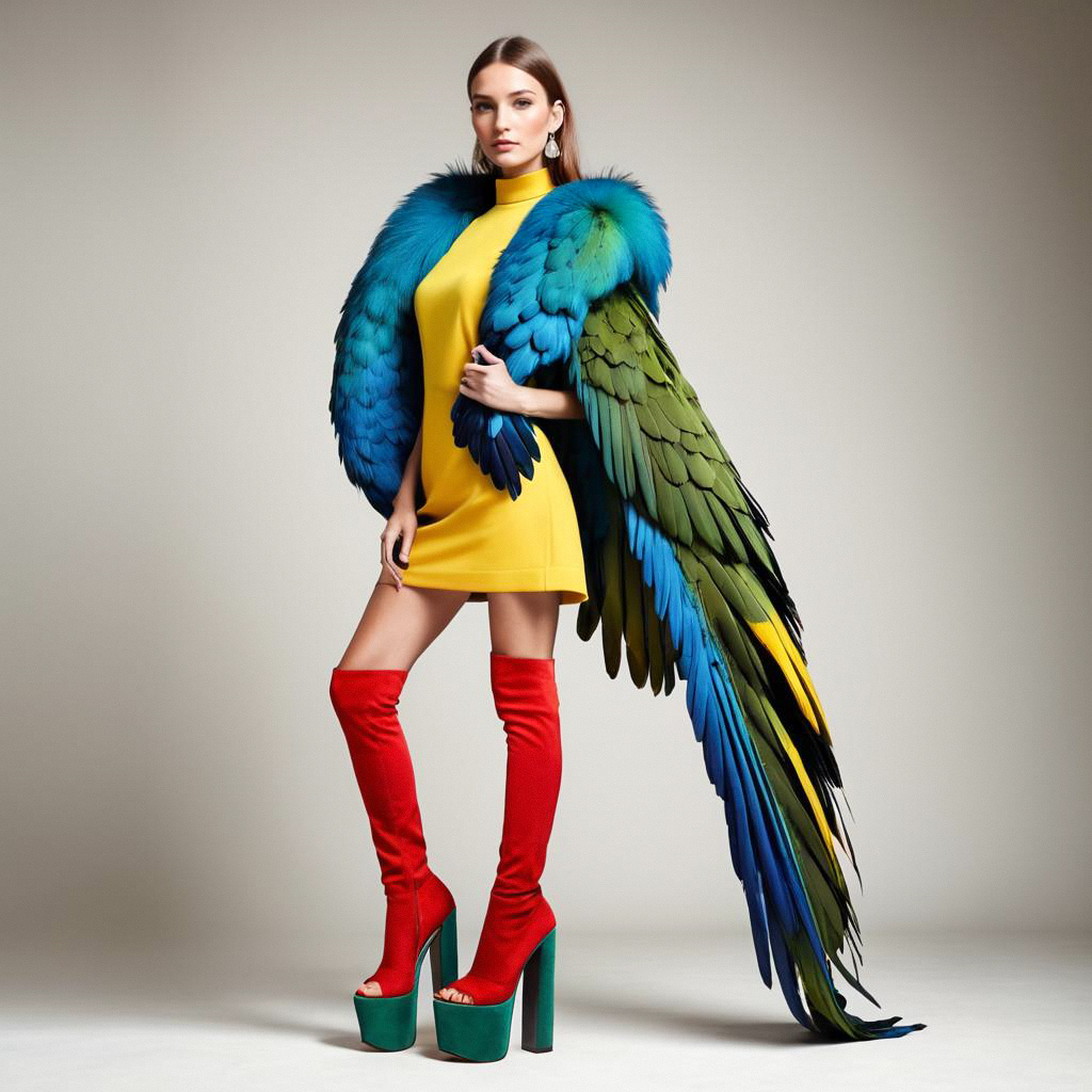 Fashionable Woman in Yellow Dress with Feathered Wings