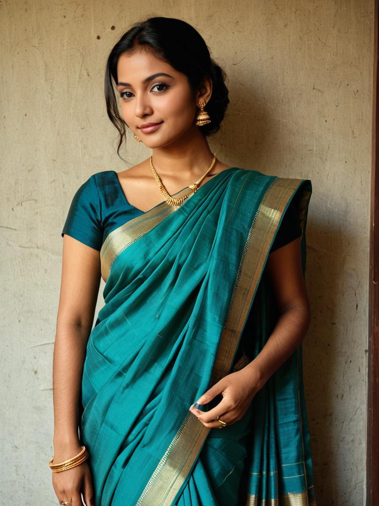 Elegant Woman Wearing Simple Teal Silk Saree with Gold Border