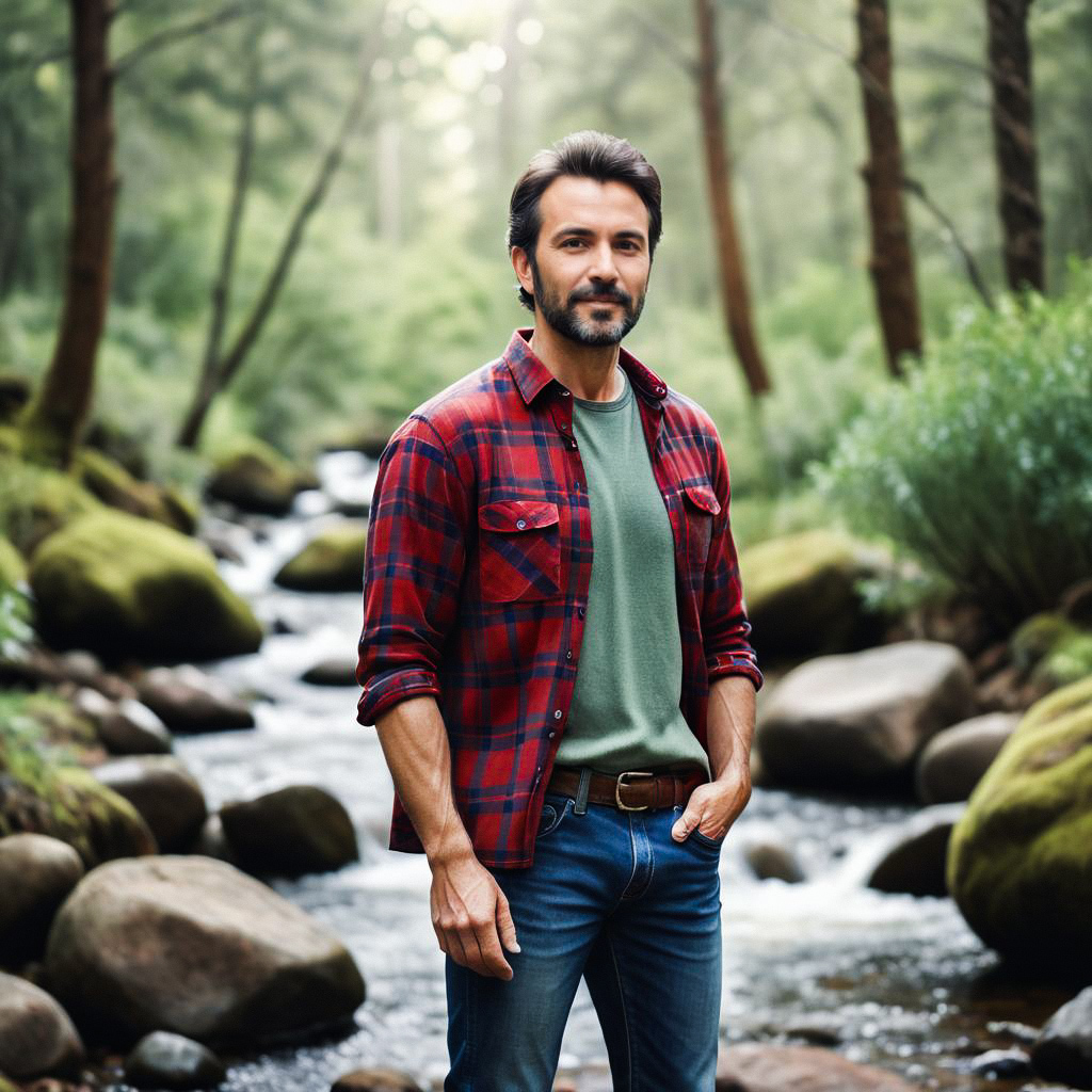 Man by Forest Stream in Casual Style