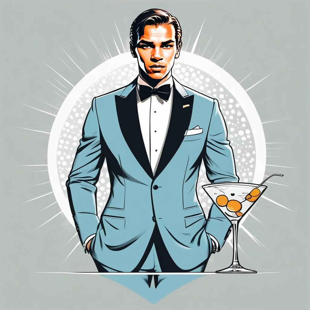 Stylish Man in Light Blue Tuxedo with Martini
