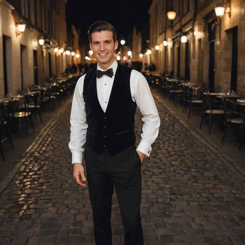 Elegant Man in Tuxedo on Cobblestone Street