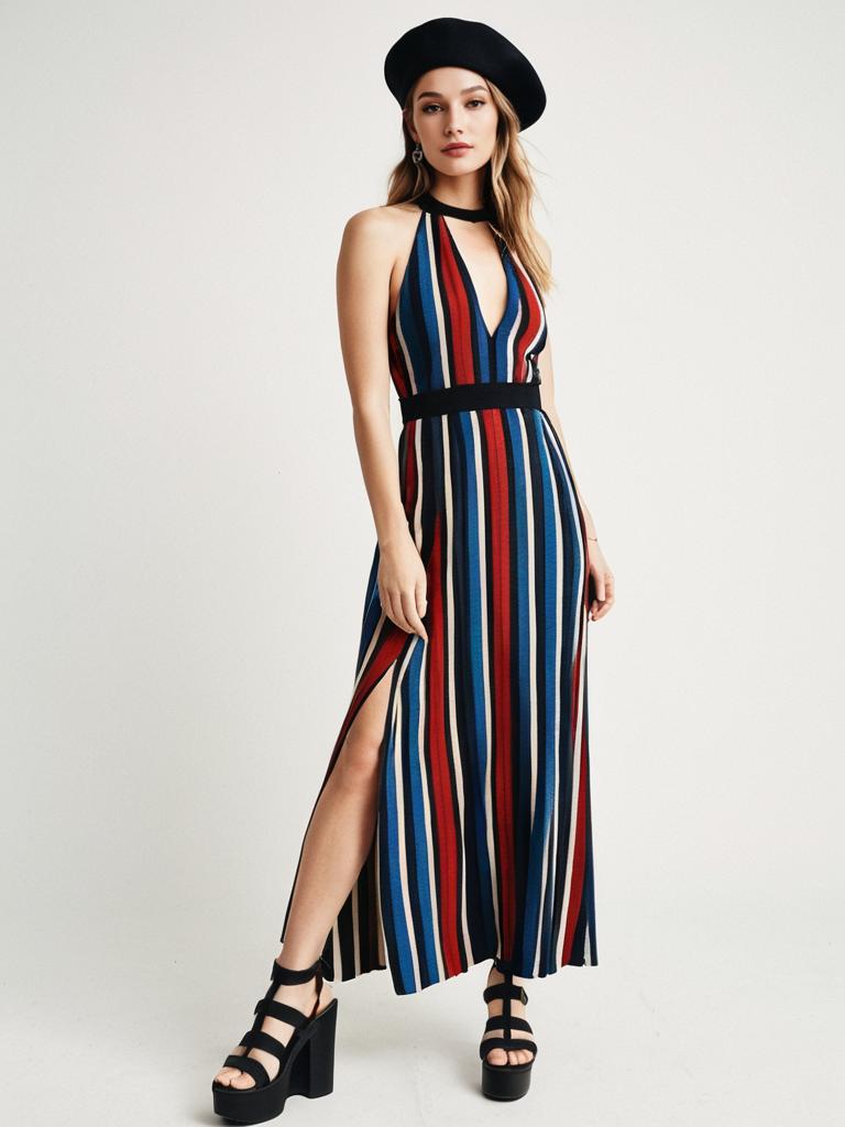 Bohemian Chic Sleeveless Halter Neck Gown with Vertical Stripes