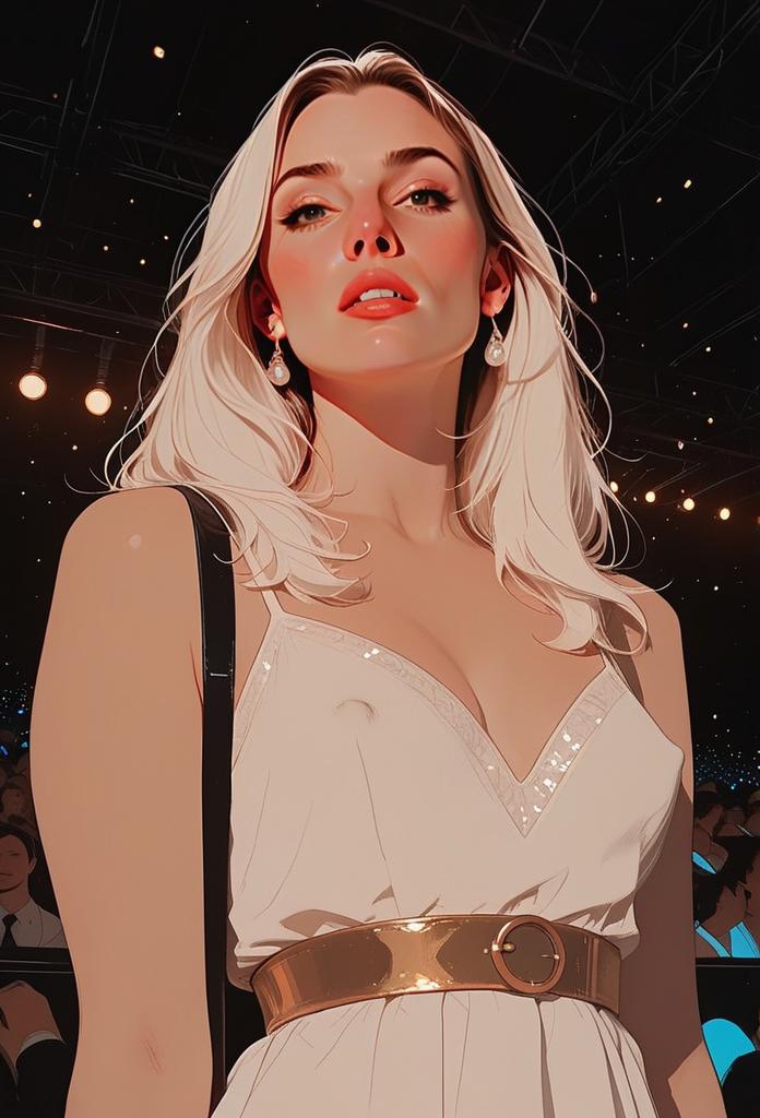 Stylized Digital Portrait of Blonde Woman in White Dress with Golden Belt