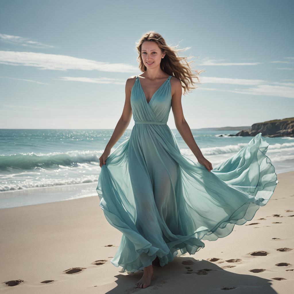 Woman in Blue Dress Walking on Beach