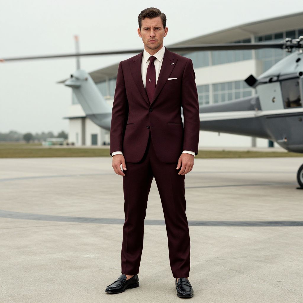 Man in Burgundy Suit Standing by Helicopter at Airport