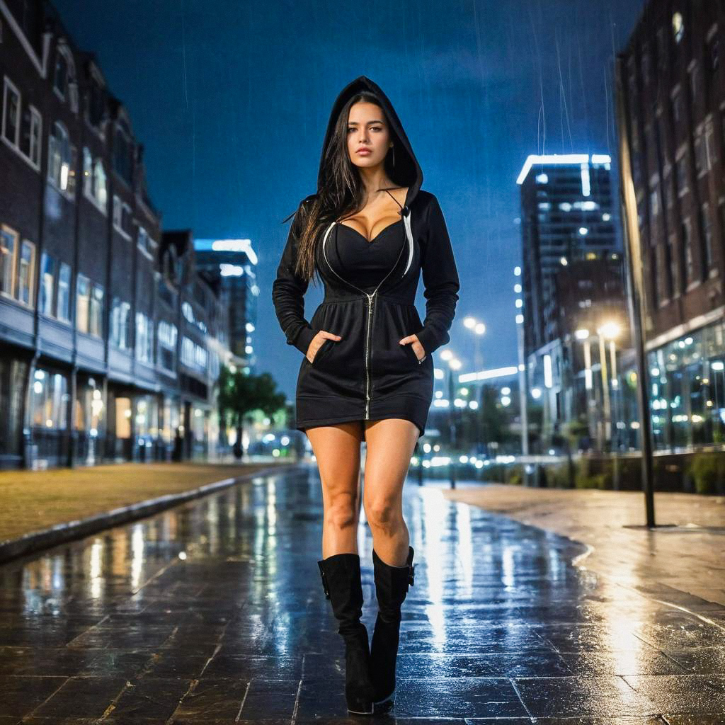 Confident Woman in Black Dress on Wet City Street at Night Confident Woman in Black Dress on Wet City Street at Night