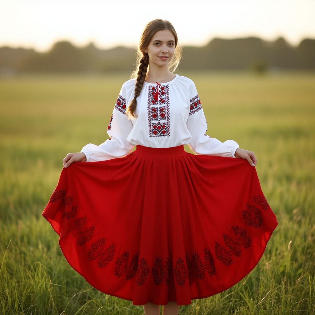 Young Woman in Traditional Eastern European Folk Dress in Sunlit Field