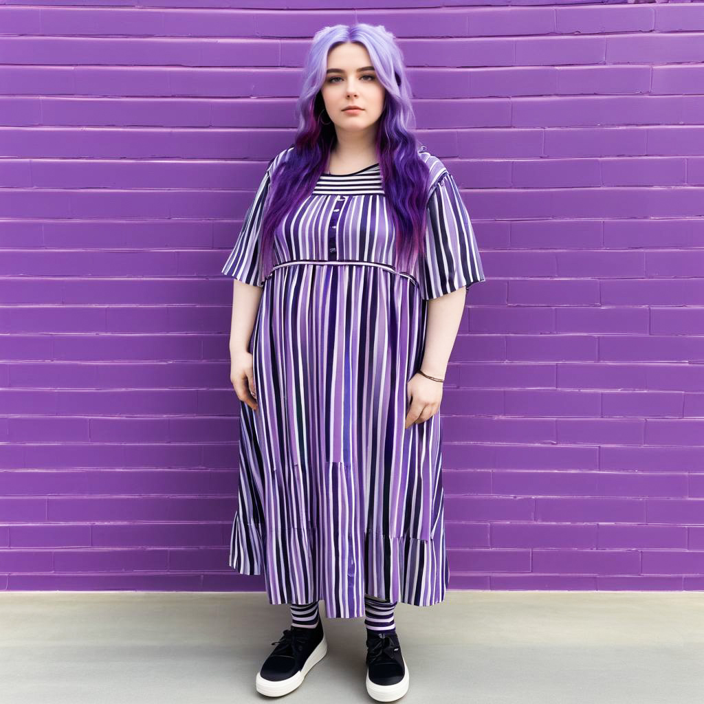 Stylish woman in striped dress against purple wall