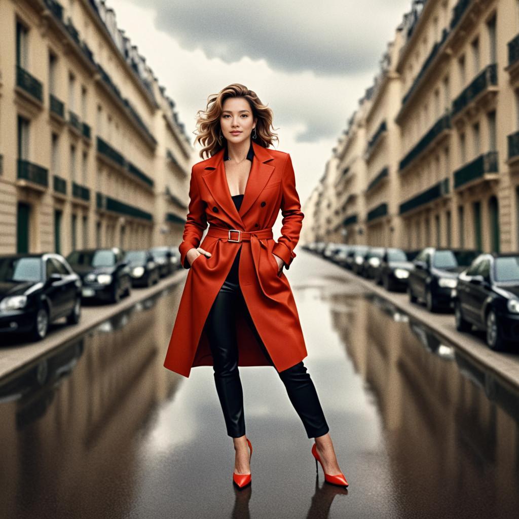 Confident Woman in Red Coat on Urban Street