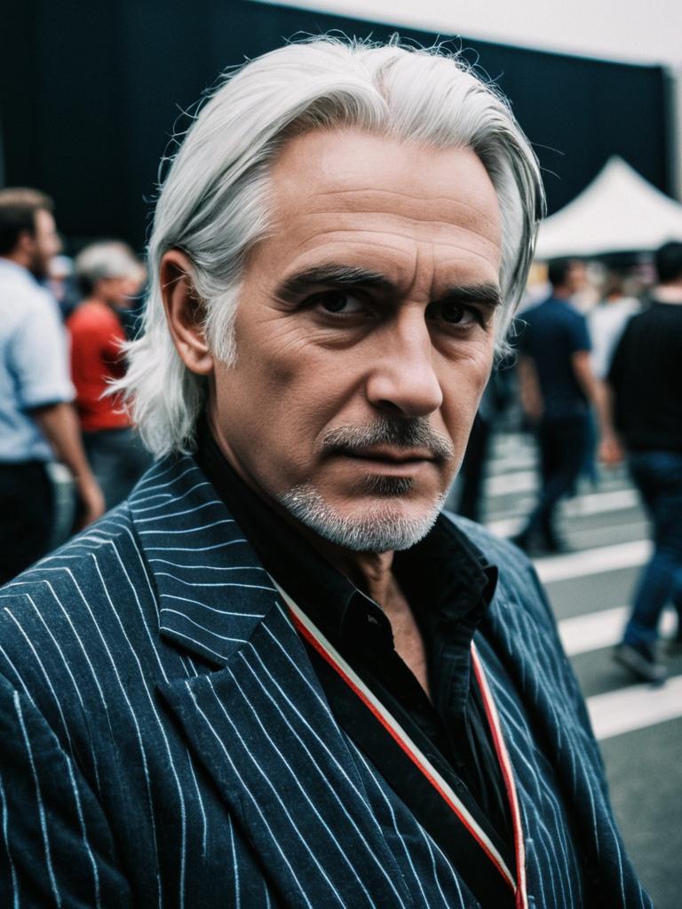 Man in Pinstripe Suit at Anya Forger Cosplay Festival Photorealistic Portrait