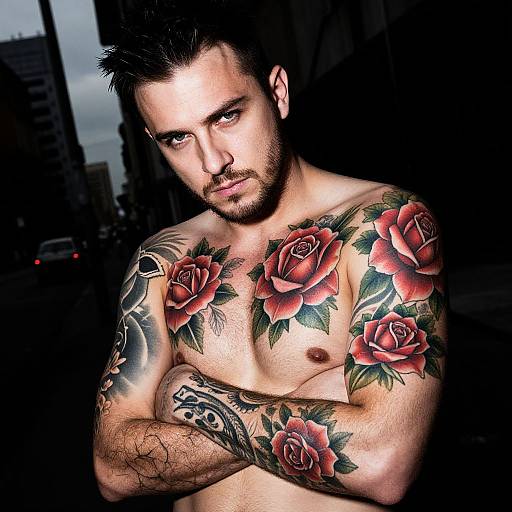 Tattooed Man with Red Rose Tattoos in Urban Night Setting