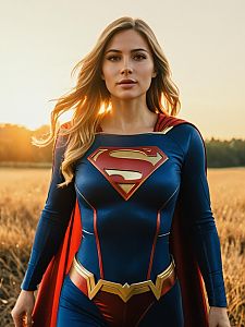 Woman in Supergirl Costume Cinematic Realism Outdoor Golden Hour