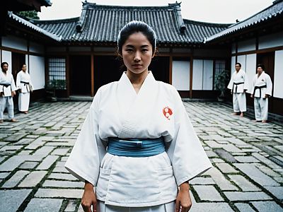 Woman in White Karate Kimono with Blue Belt Standing in Traditional Japanese Dojo Courtyard