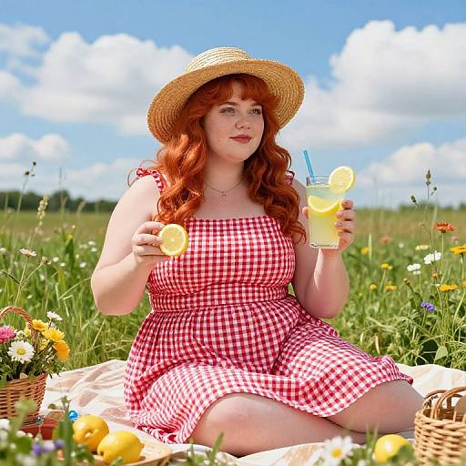 Red Haired Woman Enjoying Summer Picnic with Lemonade in Meadow