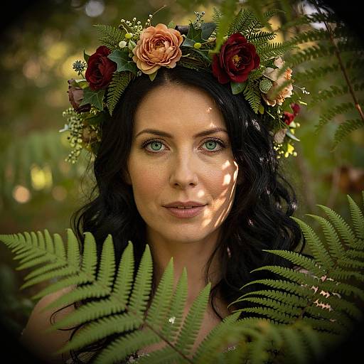 Woman with Floral Crown Surrounded by Ferns in Natural Woodland Setting