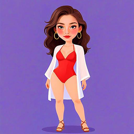 Woman in Bold Red Plunge Neck Swimsuit with White Cover-Up Illustration